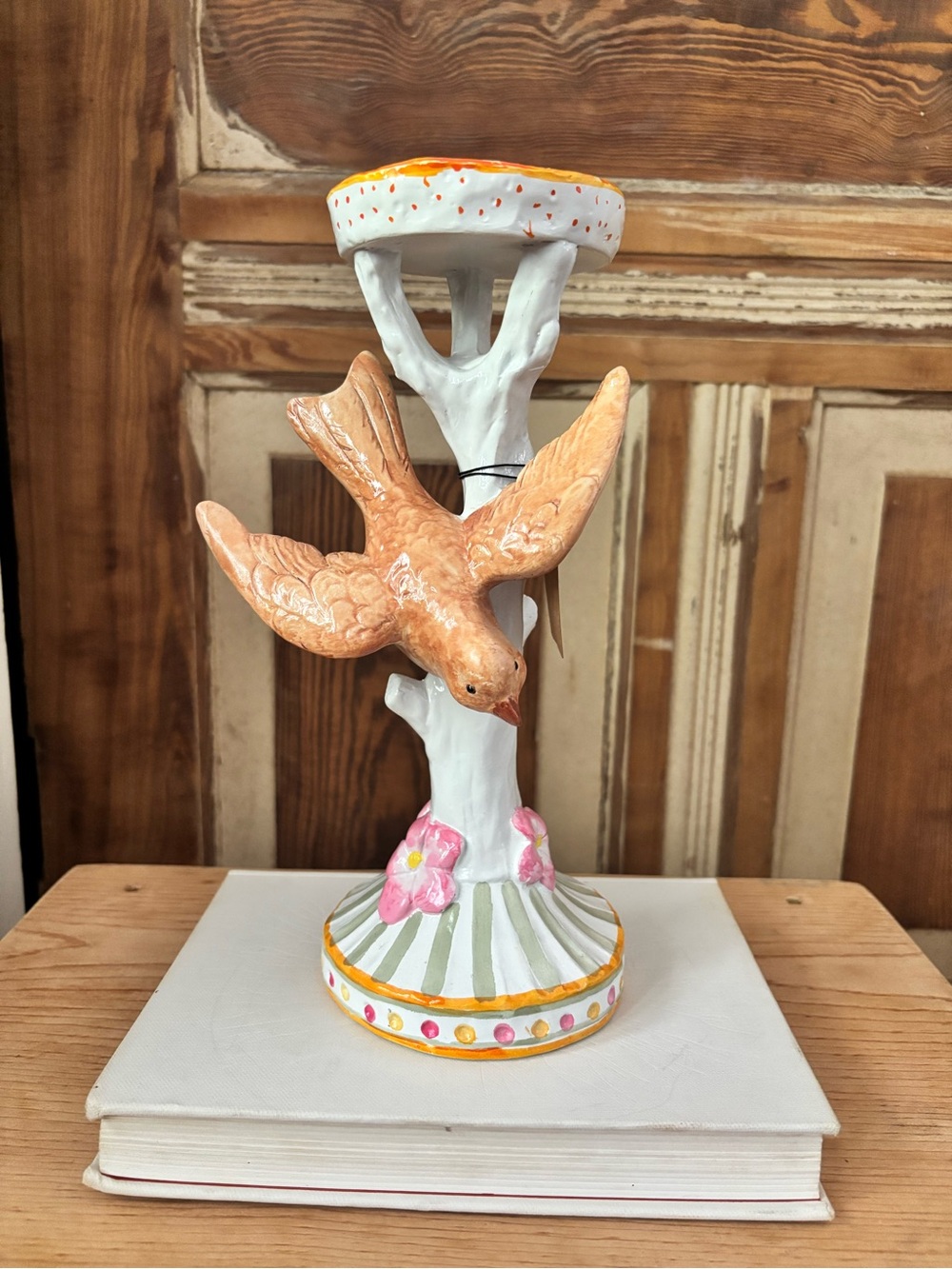 Creative Co-Op Resin Bird & Tree Pillar Candle Holder-NEW